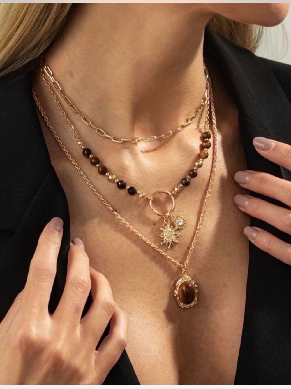 Lily Luxe - Gold tone Layered Tiger Eye Bead & Pendant Necklace Set
